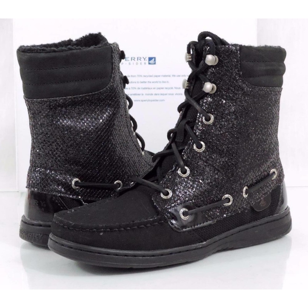Sperry Top Sider Hiker Fish Boat Boots Lace Up Black Glitter Size 6 - Picture 3 of 8